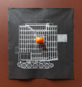 Yllwbro, Ministry of Traction: Klosterstraβe 50, 2019. Acrylic, screenprint, plastic orange on canvas, 75.5 x 69 x 8.5cm. Photo by Arekahānara.