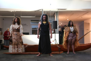 Ioane Ioane, Moana Don’t Cry, 2019 performance ritual. By Ioane Ioane, Sila Ioane and Shannon Ioane costume design by Rosanna Raymond performed on 31 August 2019 during the opening of, Moana Don’t Cry. Commissioned by Te Tuhi, Auckland. Photo by Amy Weng.