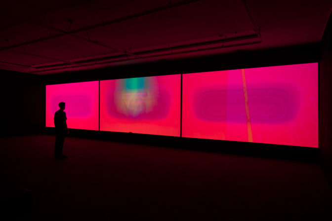 Rangituhia Hollis, Oho Ake, 2016 (installation view). 3 channel colour HD video, 6.2 channel audio 10 mins 8 secs looped. Commissioned by Te Tuhi, Auckland. Photo by Sam Hartnett.