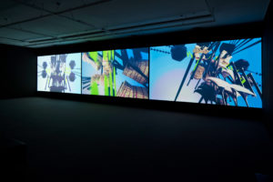 Rangituhia Hollis, Oho Ake, 2016 (installation view). 3 channel colour HD video, 6.2 channel audio 10 mins 8 secs looped. Commissioned by Te Tuhi, Auckland. Photo by Sam Hartnett.
