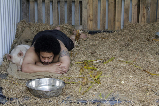 Kalisolaite ‘Uhila, Pigs in the Yard (Performance Arcade, Auckland), 2011.