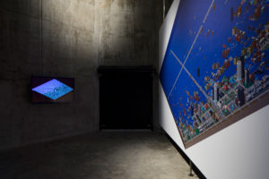 Reuben Moss, Simulations: flood, 2007–16 (installation view). HD video, 10 mins 4 secs looped. Inkjet billboard print and timber support 3x6 metres. Commissioned by Te Tuhi, Auckland. Photo by Sam Hartnett.