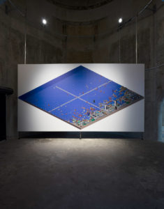 Reuben Moss, Simulations: flood, 2007–16 (installation view). HD video, 10 mins 4 secs looped. Inkjet billboard print and timber support 3x6 metres. Commissioned by Te Tuhi, Auckland. Photo by Sam Hartnett.