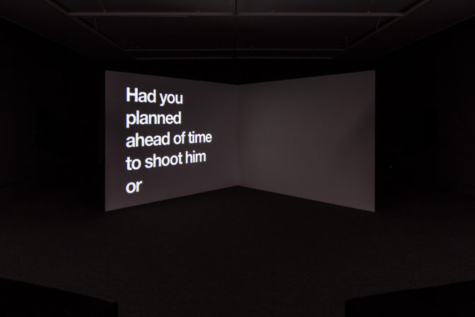 Ignas Krunglevičius, Interrogation, 2009 (installation view). Dual channel video installation. Photo by Sam Hartnett.