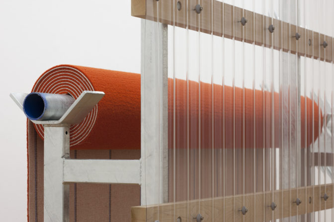 Derrick Cherrie, Constituent Parts #4 (Orange Runner), 2012 (detail). Galvanised steel, timber, corrugated PVC, carpet 2700mm x 1400mm x 4400mm. Photo by Sam Hartnett.