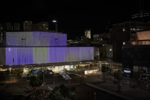 Carlos Cruz-Diez, Chromointerference (installation view, 2020). Aotea Centre Wrap, Aotea Square. Commissioned by Te Tuhi, Tāmaki Makaurau Auckland, and Auckland Live. Presented in association with Auckland Arts Festival 2020. © Adagp, Paris 2020. Photo by Sam Hartnett