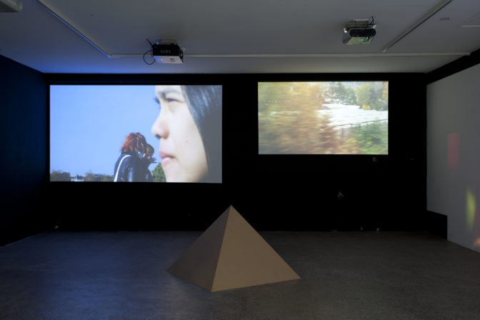Tahi Moore, I guess you’d call it a video composition with pyramid and beats, 2011 (installation view). Photo by Sam Hartnett.