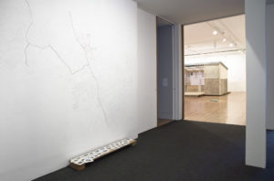 A.D. Schierning, Free-dom Fruit Gardens, 2008 (installation view). Pencil on wall, Mandarin tree, recycled wood bench. Courtesy of the artist.