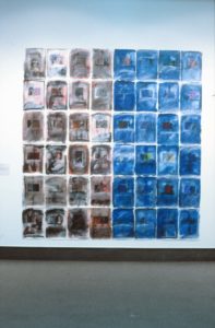 Malcolm Harrison, HYGIENICALLY SEALED / LETTING THE SPIRIT GO, 1992 (installation view). Gouache and collage on paper, 84 pieces. Collection of the artist.
