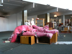 Eve Armstrong, COMFORT ZONE PROTOTYPE, 2007. From the series COMFORT ZONE. Second-hand furniture, carpet underlay, transparent pvc sheeting. Courtesy of the artist and Michael Lett, Tāmaki Makaurau Auckland. Photo by Victoria Chidley.
