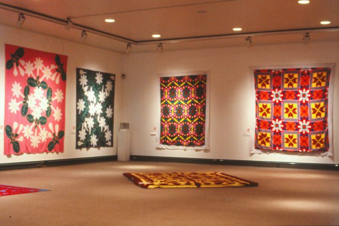 Pacific Threads: An exhibition celebrating traditional and contemporary Cook Island tivaevae, 1989 (installation view). Curated by Louis Johnston.