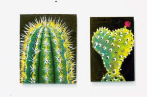 Paul Rayner, Cactus Head (left) and Cactus Heart (right), 1992 (installation view). Acrylic on hessian on board. 560mm x 460mm. Courtesy of Aberhart North Gallery, Auckland.