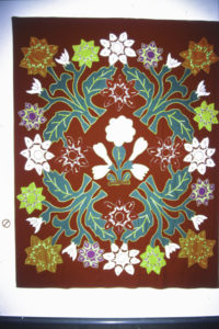 Tiare Māori tivaevae manu, c.1980 (installation view). Casement cotton & embroidery thread. 2600mm x 2090mm.