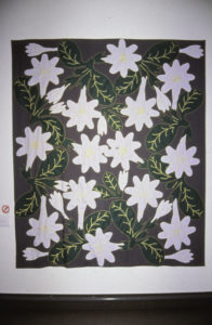 Tiare Māori tivaevae manu, 1988 (installation view). Casement cotton & embroidery thread. 2440mm x 2100mm.