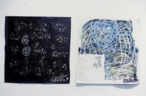 David Tutavaha, Alien Science I (left), Bottom white corner (right), 1991 (installation view). Acrylic on paper.