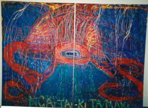 Emily Karaka, Roimata Toro (Tears of the Albatross), 2001 (installation view). Mixed media, diptych. 1820mm x 2420mm.
