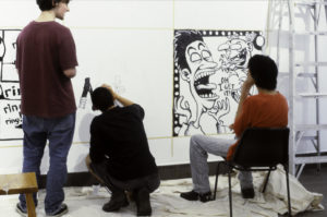 Contemporary New Zealand Comix, 1996 (installing wall jam). Timothy Kidd, Ant Sang, Willi Saunders.