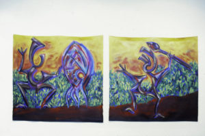 Jenny Tutavaha, Nukututaha, 1992 (installation view). Acrylic on unstretched canvas, diptych. 1750mm x 1845mm.