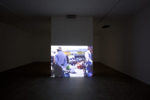 Jeremy Leatinu’u, Public Observations II, 2010 (installation view). Dual channel DVD projection. Courtesy of the artist. Photo by Sam Hartnett.