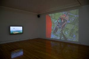 Phil Dadson, Breath of Wind, 2008 (installation view). DVD video, dual channel sound. Courtesy of Starkwhite, Tāmaki Makaurau Auckland. Photo by Sam Hartnett.