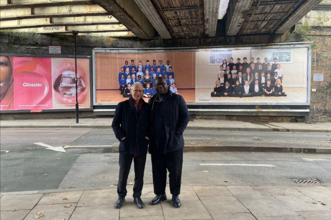 James Lingwood (left) and Steve McQueen in front of the Artangel commission Year 3 by McQueen, London. Courtesy of James Lingwood.
