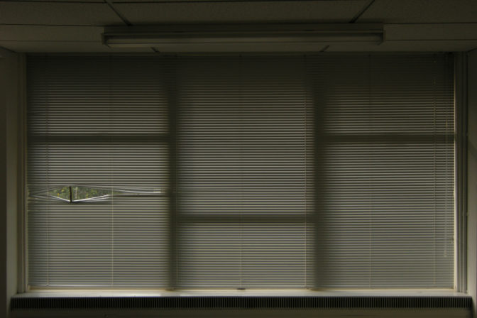 Boris Dornbusch, Involving all Members, 2008 (installation view). Sheet metal blinds, box of Panadol. Courtesy of the artist.