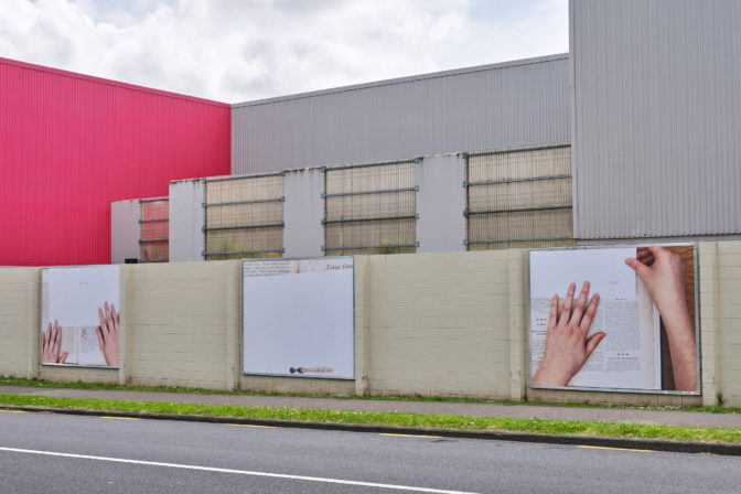 Ana Iti, Kimihia te āhua, 2020 (installation view, Reeves Road). Inkjet billboard prints. Commissioned by Te Tuhi, Tāmaki Makaurau Auckland. Photo by Sam Hartnett.