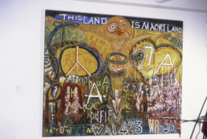 Emily Karaka, Te Ure o Te Ao, 1995 (installation view). Mixed media on canvas, two panels. 1500mm x 1900mm each.