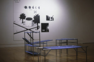 Paul Cullen, Magnetic (K) Two Parts, 2001 (installation view), wall drawings, woven plastic, steel frame
