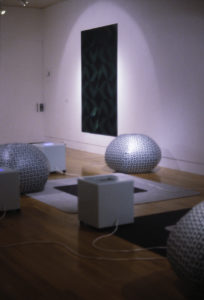 James Charlton, Trojan Square (front), 2001 (installation view), vinyl, video and carpet, Niki Hastings-McFall, Dangerous Curves II, Urban Navigator Series (back), 2001 (installation view)