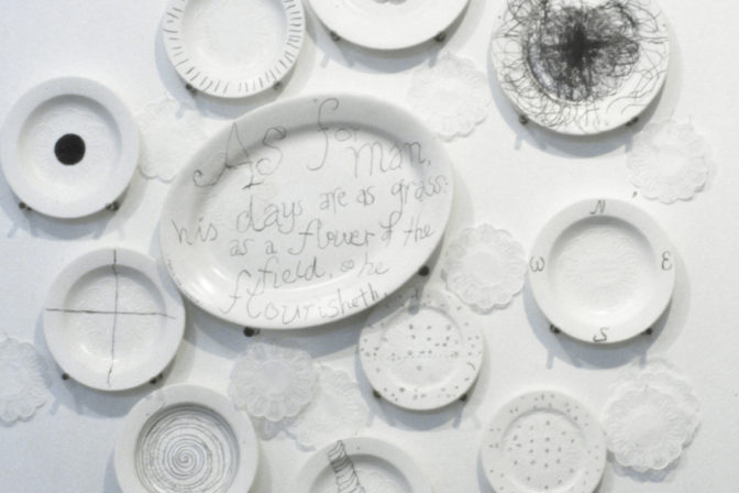 John Reynolds, ‘Psalm’, 1993 (installation view). Graphite on bisque fired plates.