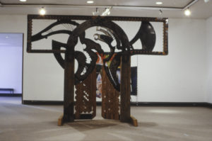 Paratene Matchitt, The Gate, 1989 (installation view), wood, iron, 3000mm x 3600mm