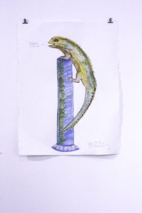 Sarah McKenney, Tuatara Letter Box. Pencil, watercolour on paper. 580mm x 760mm.