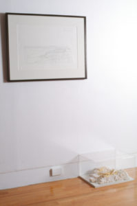 Dane Mitchell, Example of True Stratification #7 (top), 2004 (installation view). Drawing. Present Surface of Tell (bottom), 2004 (installation view). Cast plaster.