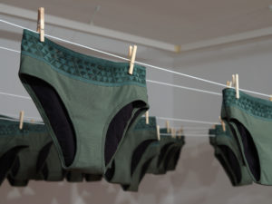 Chantel Matthews, Tides of Life, 2021 (detail). 200 AWWA period underwear, washing line, pegs. Available to be taken during the course of the exhibition. Commissioned by Te Tuhi, Tāmaki Makaurau Auckland. Photo by Sam Hartnett.