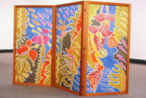Carol Davis, Akarana Calypso, 1985 (installation view). Dye painted silk.