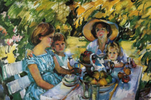 Evelyn Page, Luncheon under the ash tree, 1960. Oil on canvas. 597mm x 883mm.