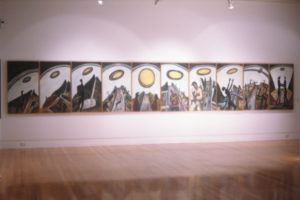 Nigel Brown, Ozone, 1990. Oil on canvas. 10 framed panels. 12400mm x 742mm.