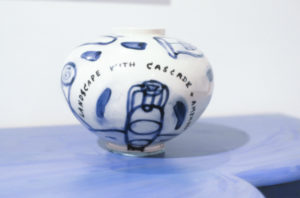 Gavin Chilcott, Landscape with Cascade and Amphora, 1989 (installation view). Ceramic vase with cobalt blue decoration.