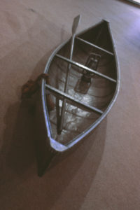 Greer Twiss, Canoe (even with a paddle), 1989 (installation view). Lead and bronze.