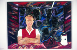 Jane Zusters, Portrait of Peter Hawkesbury with Teapot and Ticks, 1983-4. Acrylic on board. 1220mm x 920mm.