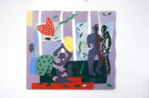 Penelope Read, Familia Pacifica, 1990. Wood, fabric, acrylic on paper. 1500mm x 1700mm.