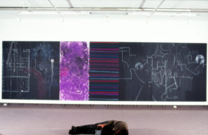 John Reynolds, Eureka School, 1993 (installation view). Acrylic, wax/oil, crayon on seven panels. 2440mm x 1220mm each.