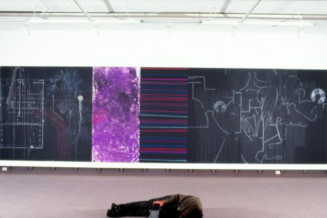 John Reynolds, Eureka School, 1993 (installation view). Acrylic, wax/oil, crayon on seven panels. 2440mm x 1220mm each.
