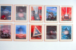 Juliet Batten, Against Broken Promises, 1990 (installation view). Acrylic, colour xerox, sand, fibre on paper.