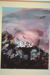 Juliet Batten, Against Broken Promises, Weeping Time I, 1990 (detail). Acrylic, colour xerox, sand, fibre on paper.