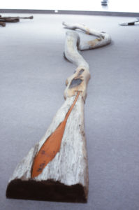 Peter Nicholls, Whanganui, 1990 (installation view). Totara, rimu, poplar, willow, found objects, 500mm x 800mm x 9000mm.
