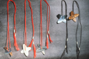 Alan Preston, Flower Necklaces, 1994 (installation view). Paua, black lipped oyster shell, vau cord, silver.