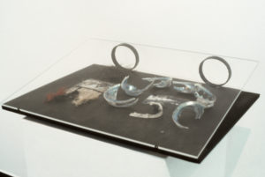 Alan Preston, Materials used for necklaces etc, 1994 (installation view). Paua, blades.