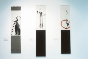 Max Gimblett, Scrolls (left to right), Moose, 1986, Mountain - Waterfall, 1990, Red Target - Smoke, 1986, ink on silk, paper scroll.